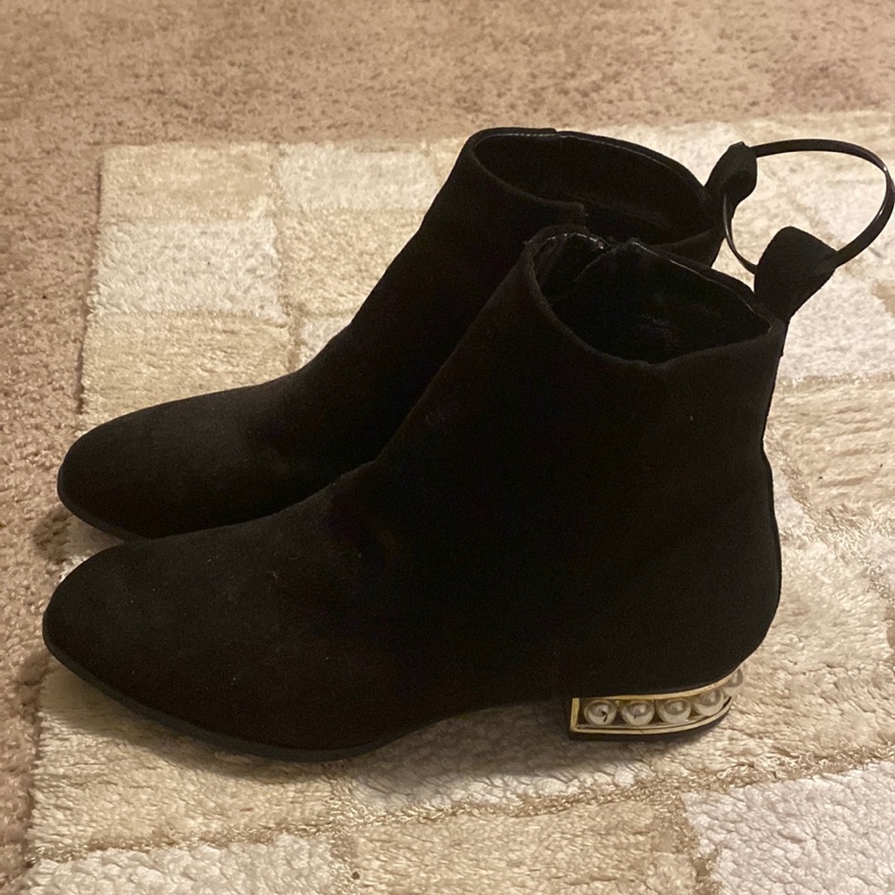 Black Suede Boots with Gold Trim & Pearl Accents